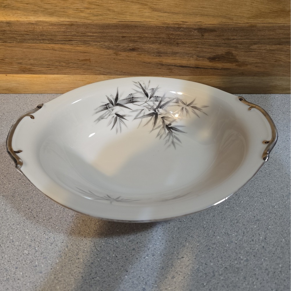 Vintage Kutani China Gray Black Bamboo Platinum Trim Sering Bowl Japan